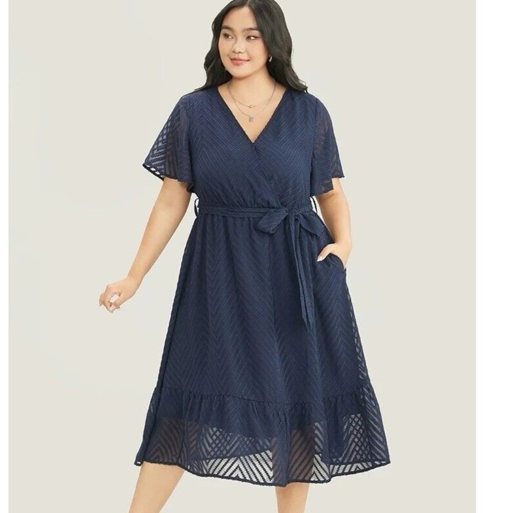 Bloomchic Plus Size Plain Geometric Pocket Mesh Ruffle Sleeve Belted Wrap Dress